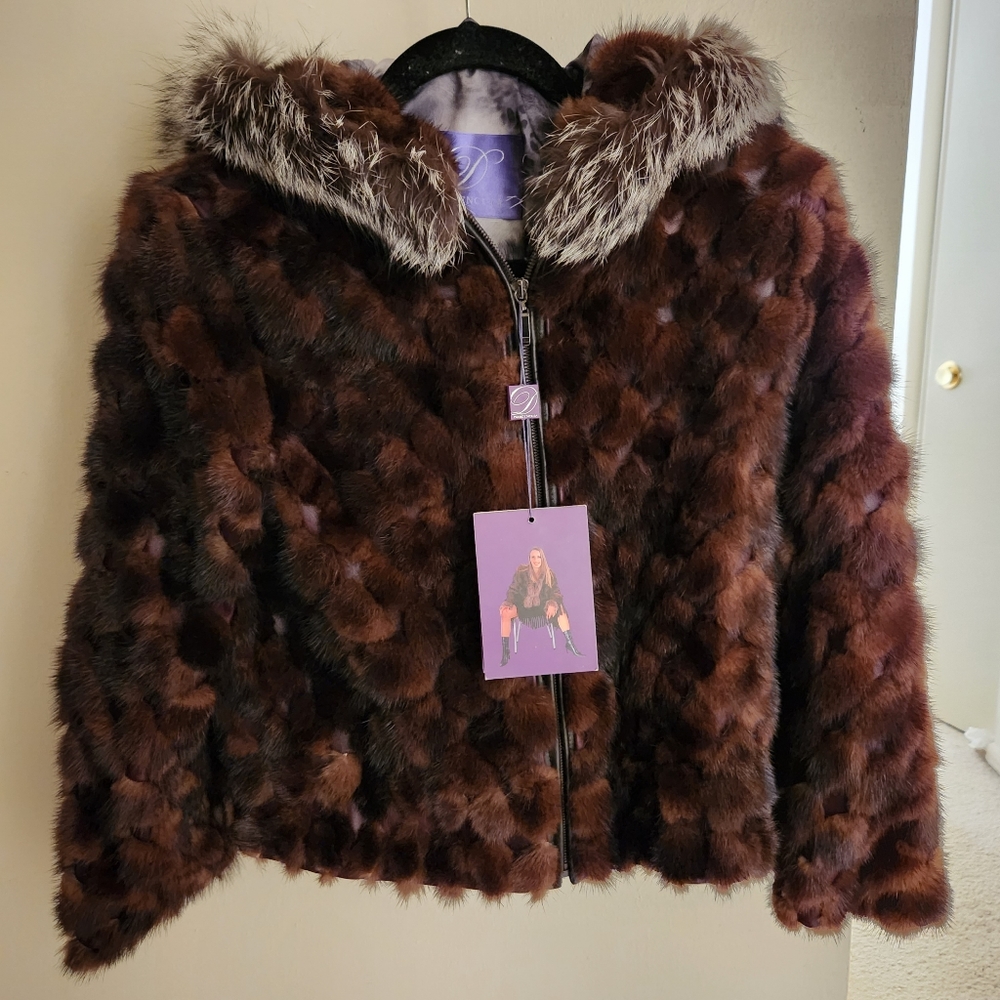 NWT Genuine Mink Fur Real Fox Fur Leather Coat Only One Available